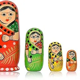 Pramod Toys Handmade Indian Wooden Toys Nesting Doll Stacking Dolls Russian Matryoshka Doll Handicraft Items for Home Decor- Set of 5 Piece (Lady in Multi-Color Saree) (5 Color)-picture-64