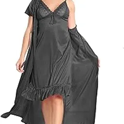 reposey Women's Satin Solid Maxi Length Nighty with Robe (Free Size) (Pack of 2)-picture-11