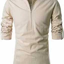 crowntail Men Pure Cotton Slim Fit Roll-Up Full Sleeve Zip Closer Short Kurta with Stylish Design | Super Soft Comfortable Beige Color Kurta for Casual Outings-picture-38