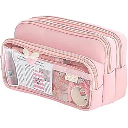 Large Capacity Pencil Pouch | Stationery Organizer with 3 Compartments | Cute Aesthetic Pencil Case | Storage Pouch for School & Office (Pink)-picture-22