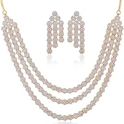 ratnavali jewels American Diamond Rose Gold Plated Traditional Three Layer Necklace Set with Earring for Women/Girls RV4162 image 1