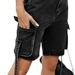 mippo Women’s Washed Denim Shorts | Utility Pockets Casual Mid-Rise Bottoms-picture-24