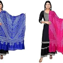 gurusoami Silk Bandhej Printed Design Dupatta for Women - 2.25 Meter Length (Pack of 2) | Lightweight & Soft Ethnic Wear Dupattas for Kurti, Salwar Suit & Daily Use -ROYAL BLUE/PINK-picture-35