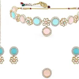 zaveri pearls Turquoise Blue Pink Kundan Flowers Necklace Earring Maangtikka Ring Set For Women-ZPFK18534-picture-33