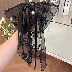 Melodio Elegant Lace Ribbon Butterfly Hair Clip – High-End Korean Style Half-Up Shark Clip for Women, Soft & Feminine Back Bun Hair Accessory with Flowing Ties (Black)-picture-43