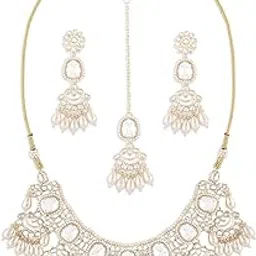 zaveri pearls Gold Tone Kundan Artificial Stones & Clustered Drop Beads Bridal Necklace Earring & Maangtikka Set For Women-ZPFK17105-picture-16