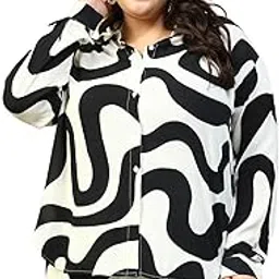 oxolloxo Plus Size Off-White Printed Collared Long Sleeve Button Down Plus Size Shirt-picture-19