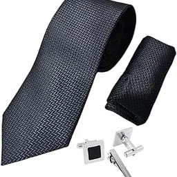 Italian Silk Tie Pocket Square Set with Square Brass Cufflinks & Silver-Black Enamel Checkered Tie Pin | Premium Combo in Leather Box for Men – Formal Gift Set TP-14-image-36