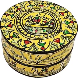 Multipurpose multi-colour Saurachitra Decorative round box Box-S-105 | hand made hand painted tribal craft |storage box with lid| size 4 inch dia X 2.5 inch deep-picture-11