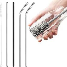 OM RADHEY Reusable Stainless Steel Straws Set of 4 with Straw Cleaner & Silicone Bottle Brush | Eco-Friendly, Rust & BPA-Free, Dishwasher Safe for Smoothies, Juice, Coffee, Cold Drinks(Pack of 6) image 1