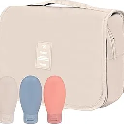 cosyco Travel Kit for Toiletries - Toiletry Bag with Refillable Food Grade Travel Bottles (Set of 3), Multipurpose Hanging Toiletry Pouch for Women and Men, Cosmetic Makeup Organizer - Beige image 1