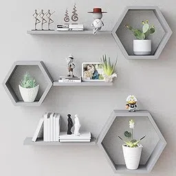 EXPRESSOW ENTERPRISES Wooden Floating Wall Shelves Wall Mounted - Set of 6 Hexagon Shelves Display for Photos, Plants, Honeycomb Shelves for Living Room, Bedroom, Bathroom, Kitchen, Office (Grey)-picture-34