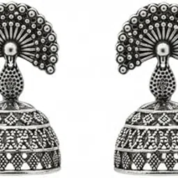 Traditional Antique Oxidised Silver Peacock Fan Motif Jhumka Earrings with Intricate Dome Filigree Design-picture-12