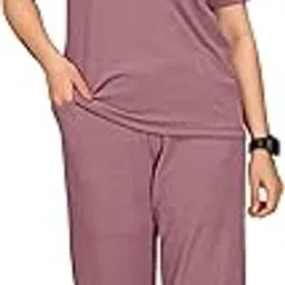 dadx Women's Printed Polyester Lycra NightSuit Set, Lightweight Stretchable Night Suit and Gym Outfit with Side Pockets(Brown)-picture-51