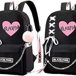 kausbabi Blackpink Combo Backpack with Heart Design, Ladies Fashion Travel Bags | Student School Laptop Bag, Girls Printing School Backpack (Pack of 2) - Black-picture-11
