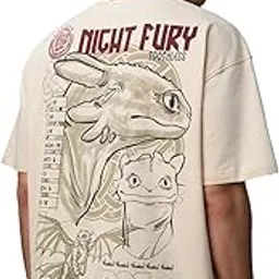 Disney: Night Fury Men and Boys Short Sleeves Round Neck Beige Graphic Printed Cotton Oversized T-Shirts-image-46