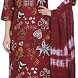 Women's Maroon Floral Print Cotton Kurta Set with Tie-Dye Dupatta, 3/4 Sleeve Traditional Indian Ethnic Wear-picture-50