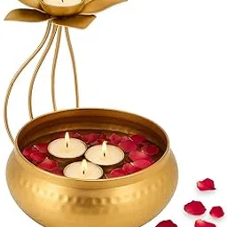 DYNA IMPEX Urli Bowl with Stand – Golden Lotus Metal Decorative Bowl Set for Decoration, Floating Flowers & Diwali Home Décor Gifts (Height 9 Inch)-picture-16