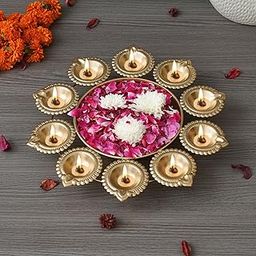 eCraftIndia Golden Metal Handcrafted Flower Decorative Urli with 10 Diyas | Urli Bowl for Home Decor | Urli for Floating Flowers | Diwali Decoration Items for Home Decor | Housewarming, Diwali Gift-picture-49