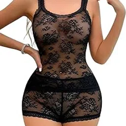 Women's Floral Lace Babydoll Lingerie Set Sexy Sheer Mesh Bodysuit 2-Piece Sleepwear Nightwear for Valentine's Day Honeymoon Anniversary, Sexy babydoll Dress-image-82