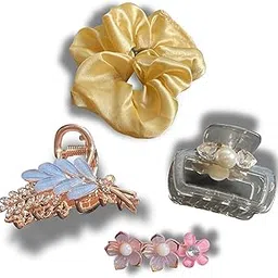 Hair Accessories Set for Women, Hair Claw Clips and Scrunchie, Pink Pearl Design, Pack of 4-image-32