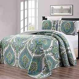 Grand Linen - 3-Piece Oversize (100 X 95) Fine Printed Prewashed Quilt Set Reversible Bedspread Coverlet Full/Queen Size Bed Cover (Turquoise Blue, Grey, White, Sage Green)-picture-21