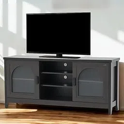 Royaloak Texas American LCD Stand | Wooden TV Cabinet with Melamine Finish and Dark Wooden Color | Elegant Curved Glass Doors with Fluted Design | TV Unit with Storage and Soft Closure Hinges-image-1