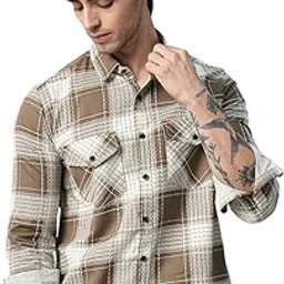tb trybuy.in Men's Double Pocket Brown Checkered Shirt | Cotton Blend Full Sleeve with Flap Pockets | Casual & Office Wear Shirt for Men-picture-37
