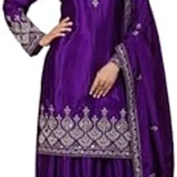 Women's Embroidered Sharara Suit Set, Purple Silk with Silver Work, Traditional Indian Ethnic Wear, 3 Piece Dress with Dupatta-image-73