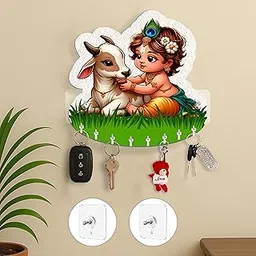 Baby Krishna with Cow Key Holder, Brown Wooden Wall Mount Storage, 8 Hooks, Modern Decorative Design for Home Office-picture-12
