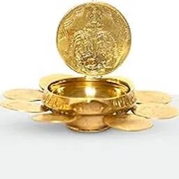 SIDDYAZH Lakshmi Kubera Coin Diya – Traditional Brass Kuber Vilakku with 8 Coins | Spiritual Deepam Lamp for Pooja, Home Temple, Festivals & Wealth Blessings | Gaja Lakshmi Deepam, 50gm, Gold Finish-image-34