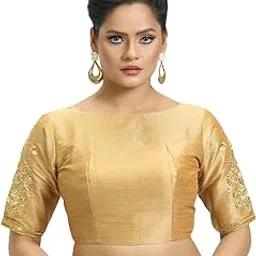 madhu fashion Women's Poly Raw Silk Readymade Saree Blouse with Embroidered Half Sleeves-picture-37