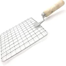 PINGAKSHA Stainless Steel Square Roaster Tandoor Barbeque/Roti/Papad Jali Griller with Wooden Handle (Silver)-picture-13