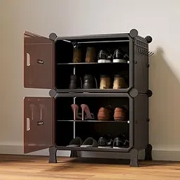 BOXJOY 4 Shelf Shoe Rack with Door Magnets and 5 Hook Steel Holder for Home Storage Box Organizer, Hard PET Plastic with Metal Door Frame, Shoe Chappal Slipper Sandals Stand(Black, Brown Door)-image-17