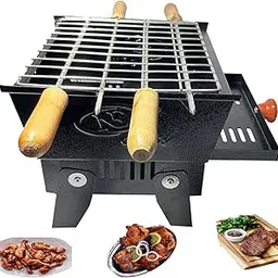 PICNIC Charcoal barbeque grill set, Foldable briefcase style charcoal grill, Barbecue grill set for home use tandoor for home and picnic use with 4 skewers,1ss grill,1tray (Made in INDIA) image 1