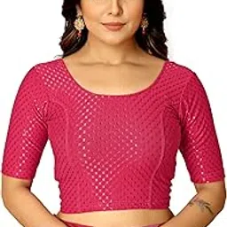Round Neck Dobby Cotton Lycra Stretchable Elbow Half Sleeve Readymade Saree Blouse for Women Stylish-image-23