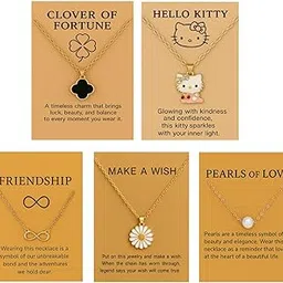 5 Pcs Combo Latest Stylish Clover Kitty Infinity Pearl Daisy Necklace Jewellery Set for Women | Pendant Necklace Gifts for Girls-image-2