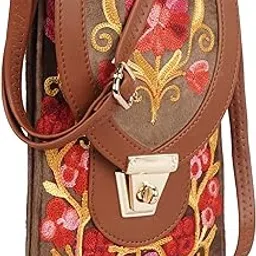 eveda Embroidered Crossbody Bag, Mobile holder Black with Red Floral Design, Multi-Layer Travel Purse with Gold Lock-picture-38