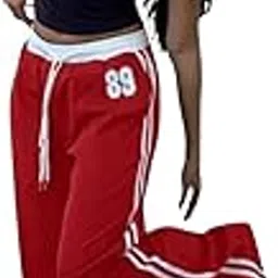 febiyapa Wide Leg Athletic Pants, Red with White Stripes, Number 89 Design, Drawstring Waist-picture-38