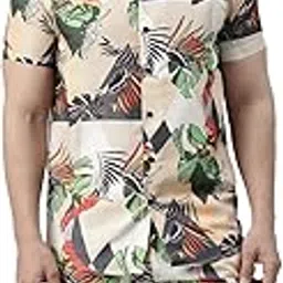 bushirt Men's Beige Rayon All-Over Printed Pajama Set, Short Sleeves Button Front Night Suit, Relaxed Fit Co-Ords with Chinese Collar & Elastic Waist Pajamas, Stylish & Comfortable Sleepwear - XXL-picture-20