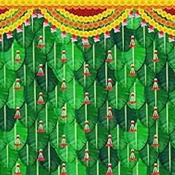 Backdropon Banana Leaf with Red Hanging Flowers Design Backdrop Cloth for Pooja Decoration Traditional Background Curtain Cloth for Festival Size 5 Feet Height and 8 Feet Width(5 * 8)-image-0
