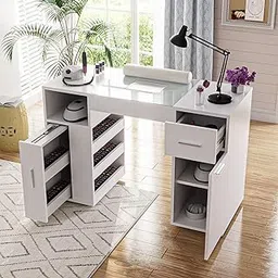 Manicure Table Nail Desk for Nail Tech with Glass Top & Wrist Rest, Acetone Resistant Nail Table Station with 2 Dust Bag, Beauty Salon Nail Supplies Workstation with Drawers Storage Cabinets, White-picture-17