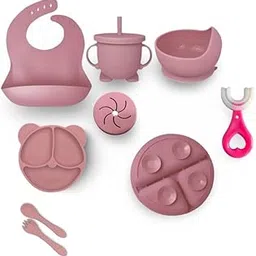 TOT NEST Silicone Baby Feeding Set, Microwave & Dishwasher Safe Weaning Utensils for Babies/Kids with Suction Bowl, Plate, Cup, Straw & Snack Lid, Spoon, Fork, Bib (Pink) | Free U Shaped Toothbrush-picture-13