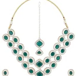 zaveri pearls Green Stones Dazzling Austrian Diamonds Choker Necklace Earring & Maangtikka Set For Women-ZPFK17790-picture-33