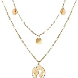 pinapes Globe Coin Layered Necklace – World Map Pendant with Dainty Disc Charms-picture-42