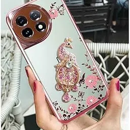 KC Back Cover for Oneplus 11R 5G, Bling Peacock Rhinestone 360 Degrees Finger Ring Holder Grip Stand Camera Protection Soft Silicone Case (Rose Gold Pink)-picture-13