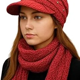 Women Knit Cap with Scarf – Elegant Winter Fashion Accessory (Red,Free Size)-image-41