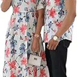 Women Midi Matching Floral Print Couple Set, White Dress and Shirt with Pink and Blue Flowers, Summer Casual Wear, M-picture-39
