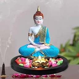 SN Handicrafts Sitting Buddha Idol Resin Statue Showpiecefor Living Room Home Decor and Gifts-with Wooden Flowers Natural Stone Tealight Candle Holder and Wooden Tray 1 Piece (Sky Blue)-image-17