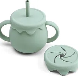 Onomie 2-in-1 Silicone Baby Cups with Straw & Snack Cup Lid, Spill Proof Sippy Cups, Toddler Training Cup for Ages 12 M+ (Olive Green)-picture-43